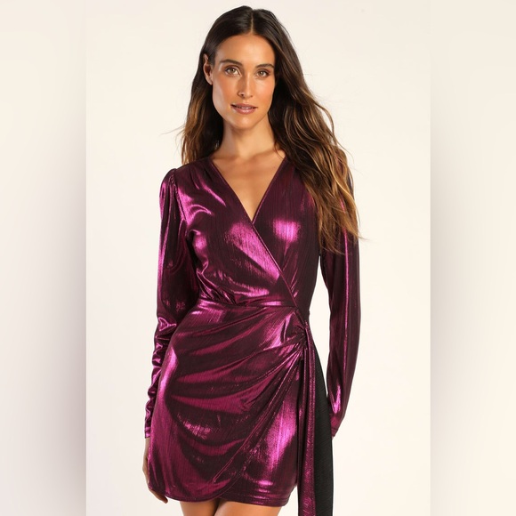 Lulus Dresses & Skirts - NWOT Lulus Retro Radiance Shiny Magenta Long Sleeve Tulip Mini Dress size Small